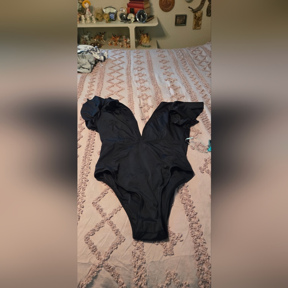 Black One-Piece Swimsuit Ruffle Sleeves